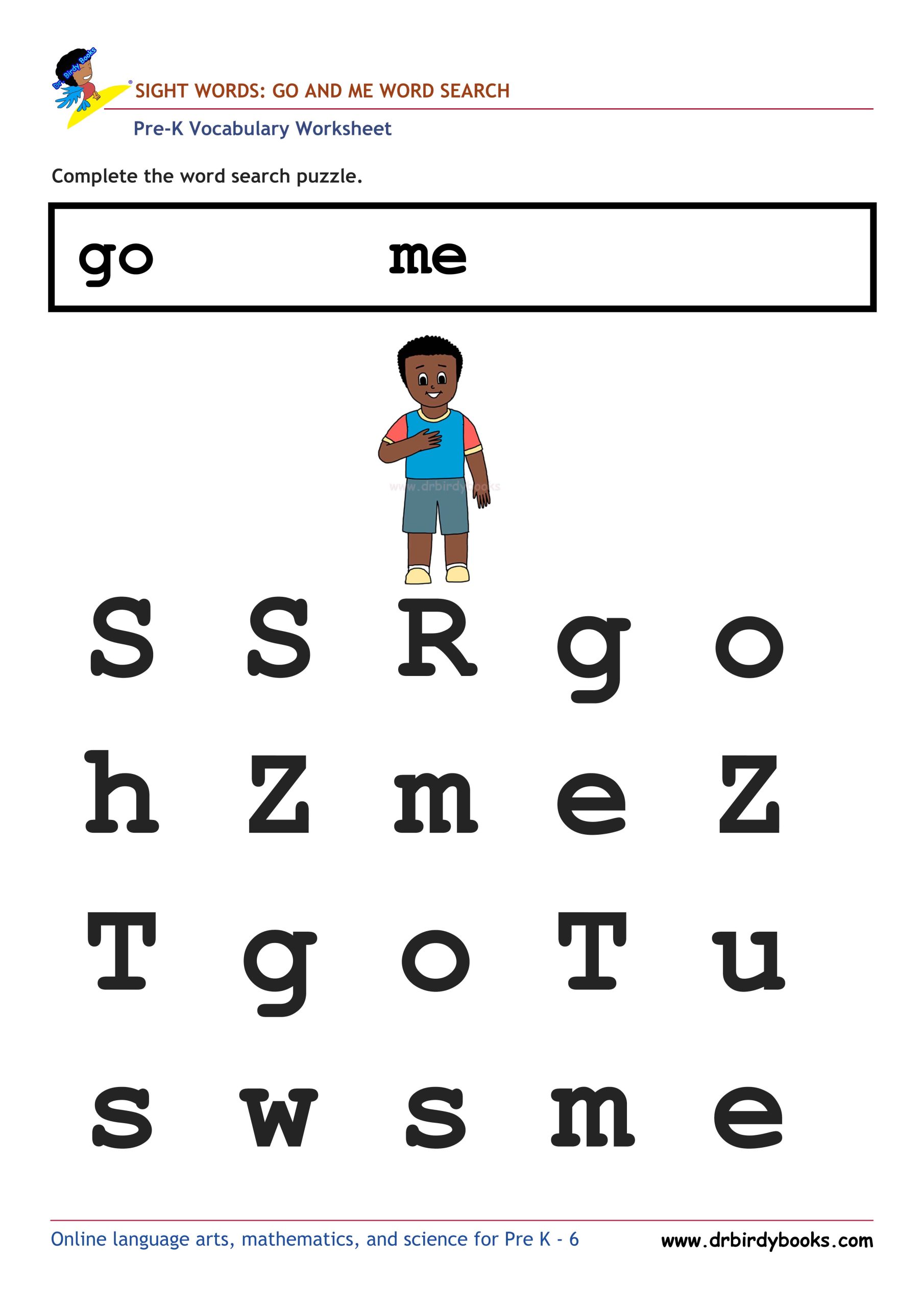 Pre K Vocabulary Word Search Puzzles Worksheet featuring simple words like "the" and "can."