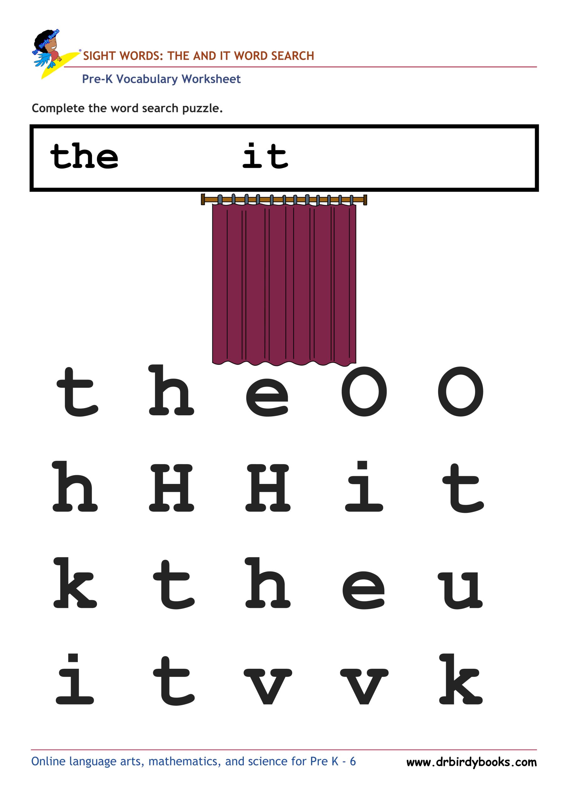 Pre K Vocabulary Word Search Puzzles Worksheet featuring simple words like "the" and "can."