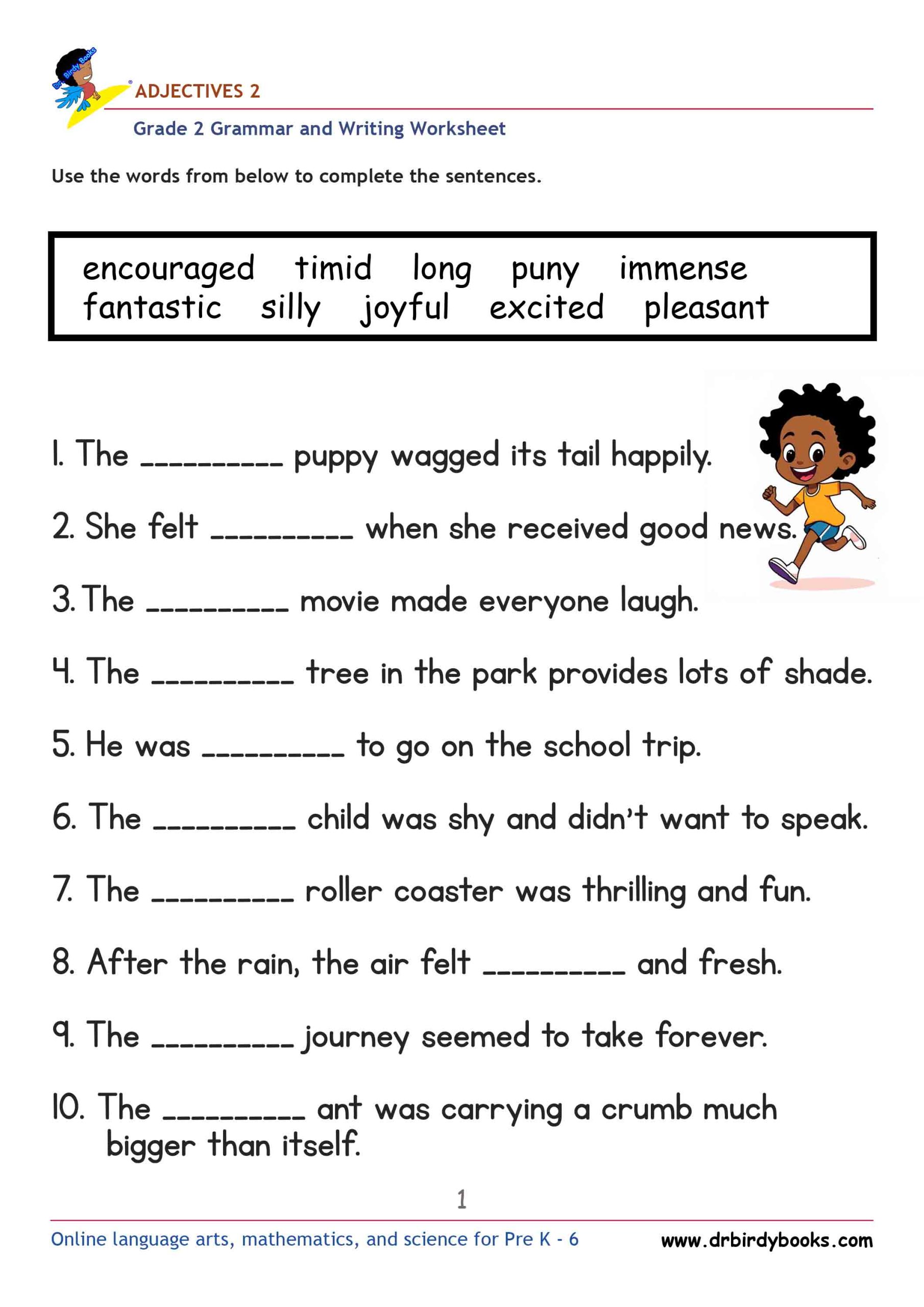 Grade 2 Adjectives Worksheet where students fill in blanks with appropriate adjectives.