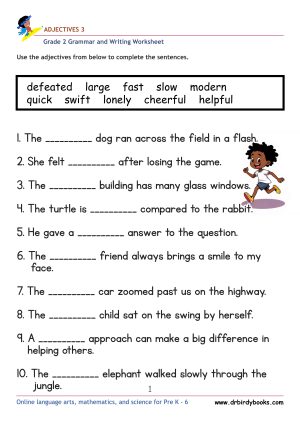 Grade 2 Adjectives Worksheet where students fill in blanks with appropriate adjectives.