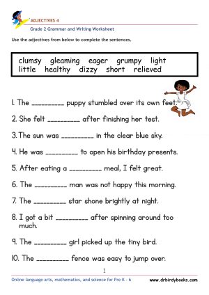 Grade 2 Adjectives Worksheet where students fill in blanks with appropriate adjectives.