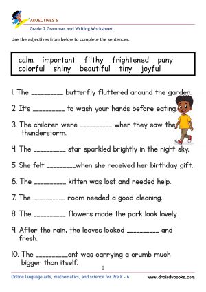 Grade 2 Adjectives Worksheet where students fill in blanks with appropriate adjectives.