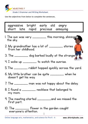 Grade 2 Adjectives Worksheet where students fill in blanks with appropriate adjectives.