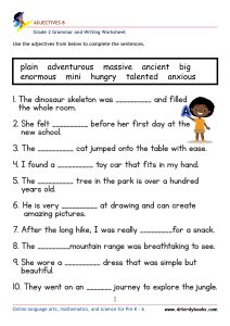 Grade 2 Adjectives Worksheet where students fill in blanks with appropriate adjectives.