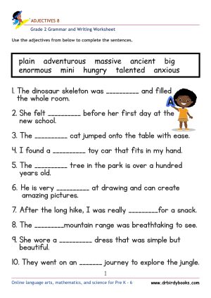 Grade 2 Adjectives Worksheet where students fill in blanks with appropriate adjectives.