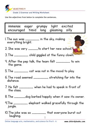 Grade 2 Adjectives Worksheet where students fill in blanks with appropriate adjectives.