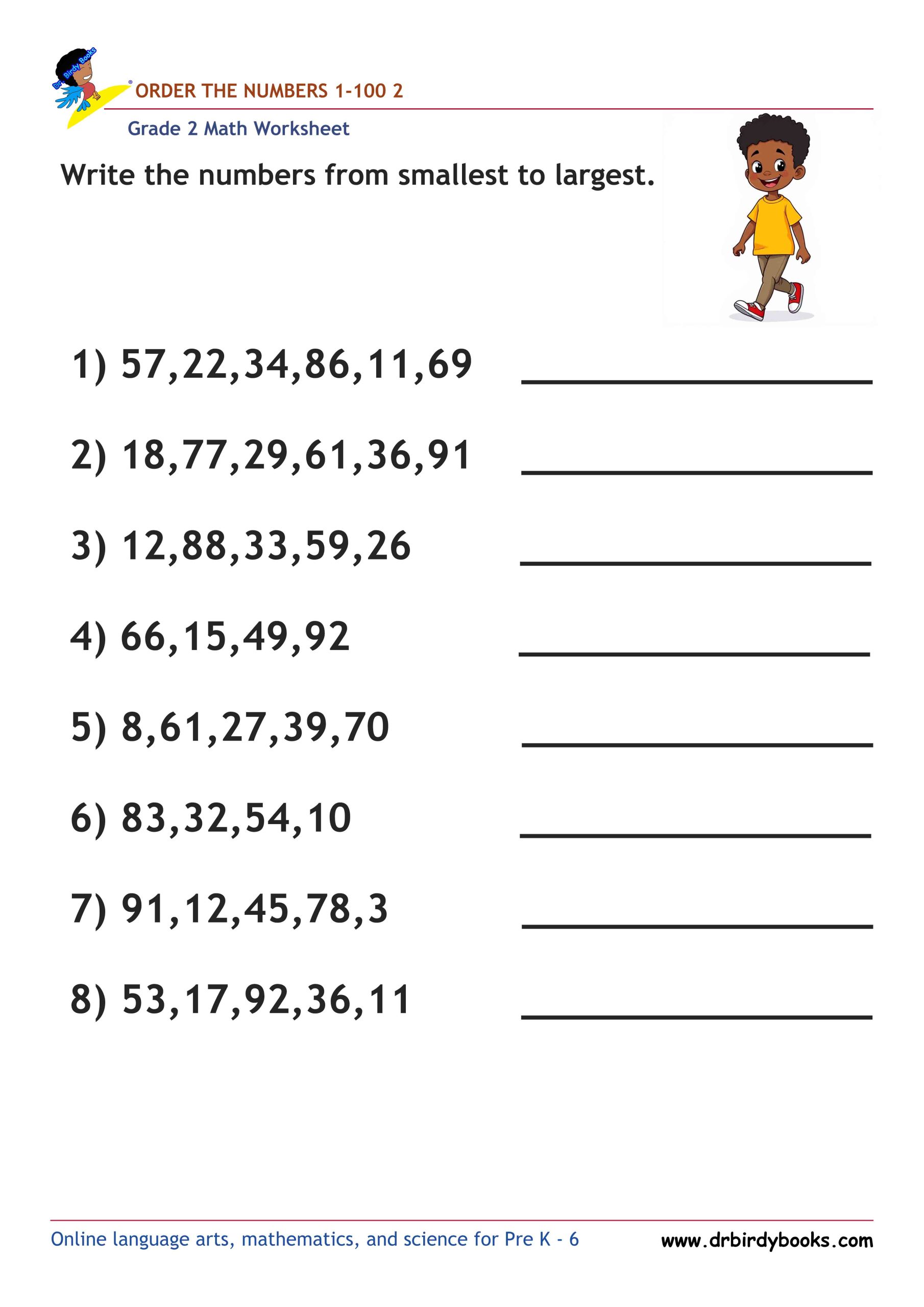 Grade 2 Order the Numbers Worksheet featuring numbers from 0 to 100 for students to arrange in order.