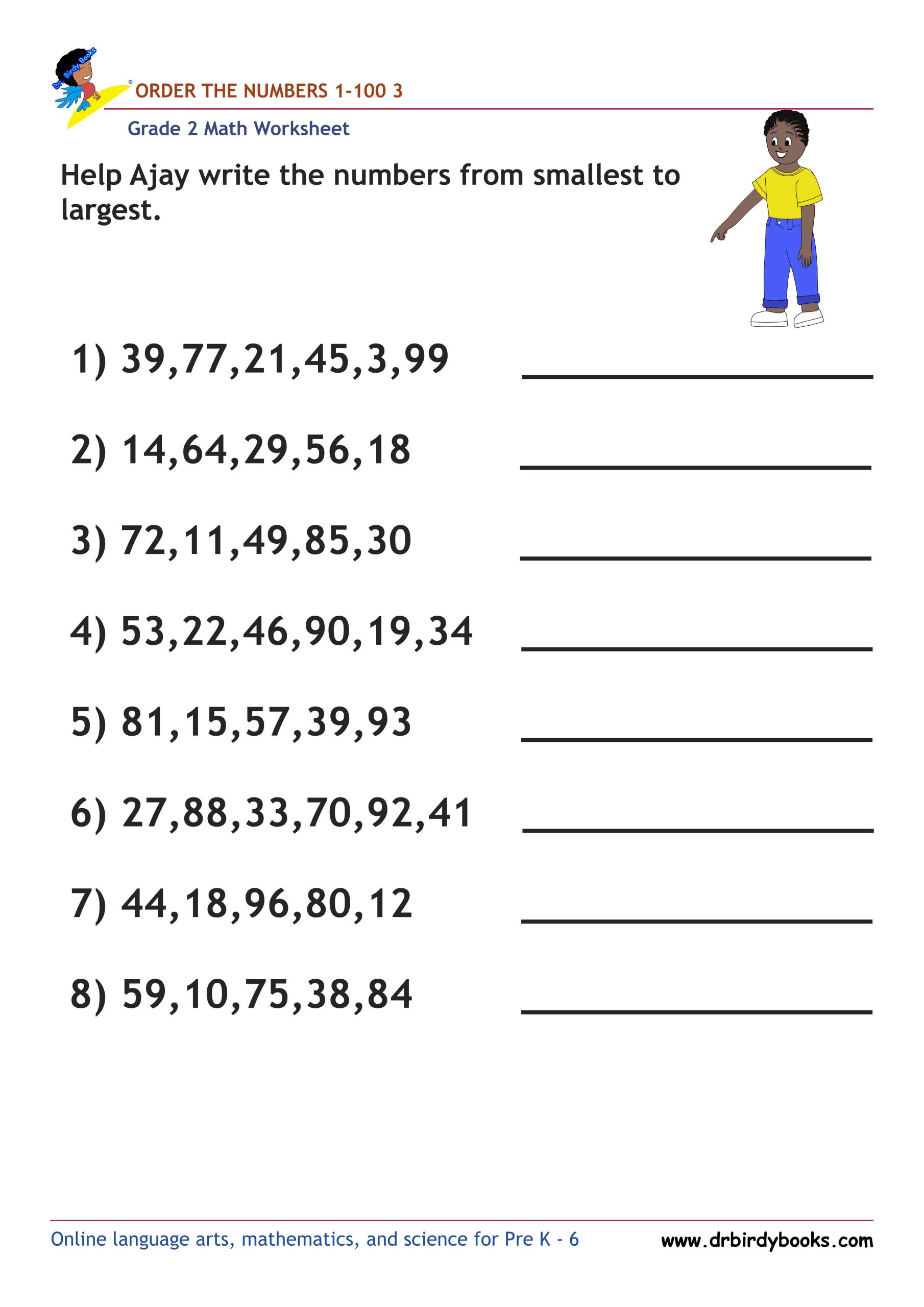 Grade 2 Order the Numbers Worksheet featuring numbers from 0 to 100 for students to arrange in order.