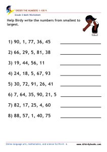 Grade 2 Order the Numbers Worksheet featuring numbers from 0 to 100 for students to arrange in order.
