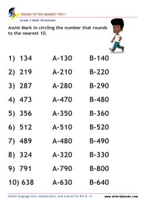Grade 2 Rounding to the Nearest 10 Worksheet featuring three-digit numbers for students to practice rounding.