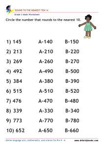 Grade 2 Rounding to the Nearest 10 Worksheet featuring three-digit numbers for students to practice rounding.