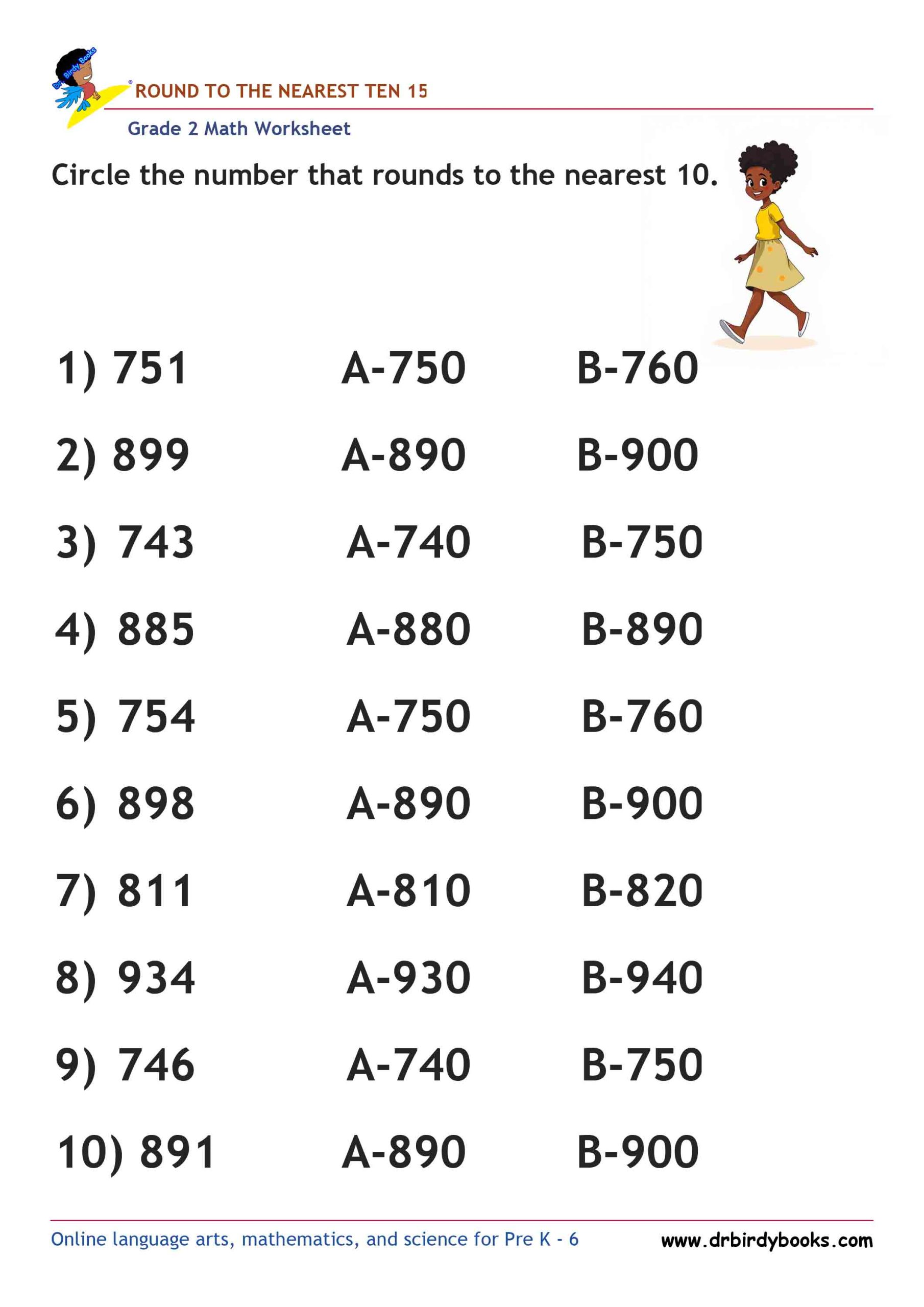 Grade 2 Rounding to the Nearest 10 Worksheet featuring three-digit numbers for students to practice rounding.