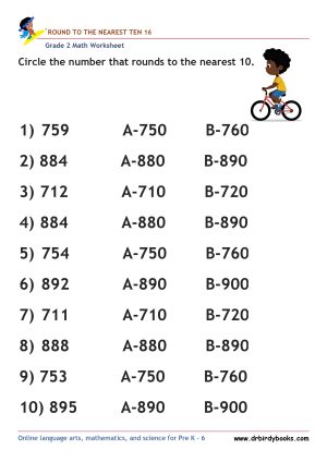 Grade 2 Rounding to the Nearest 10 Worksheet featuring three-digit numbers for students to practice rounding.