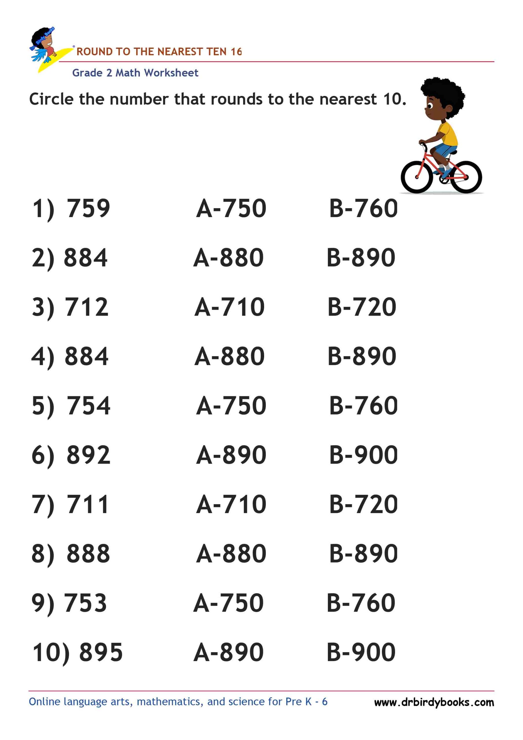 Grade 2 Rounding to the Nearest 10 Worksheet featuring three-digit numbers for students to practice rounding.
