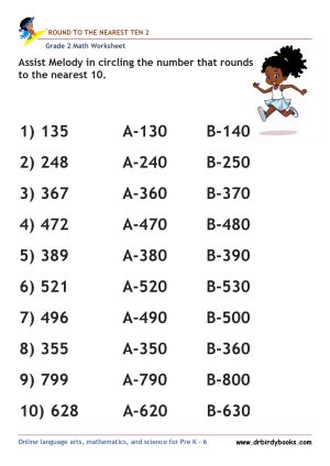 Grade 2 Rounding to the Nearest 10 Worksheet featuring three-digit numbers for students to practice rounding.