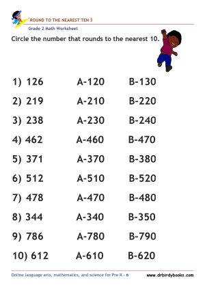 Grade 2 Rounding to the Nearest 10 Worksheet featuring three-digit numbers for students to practice rounding.
