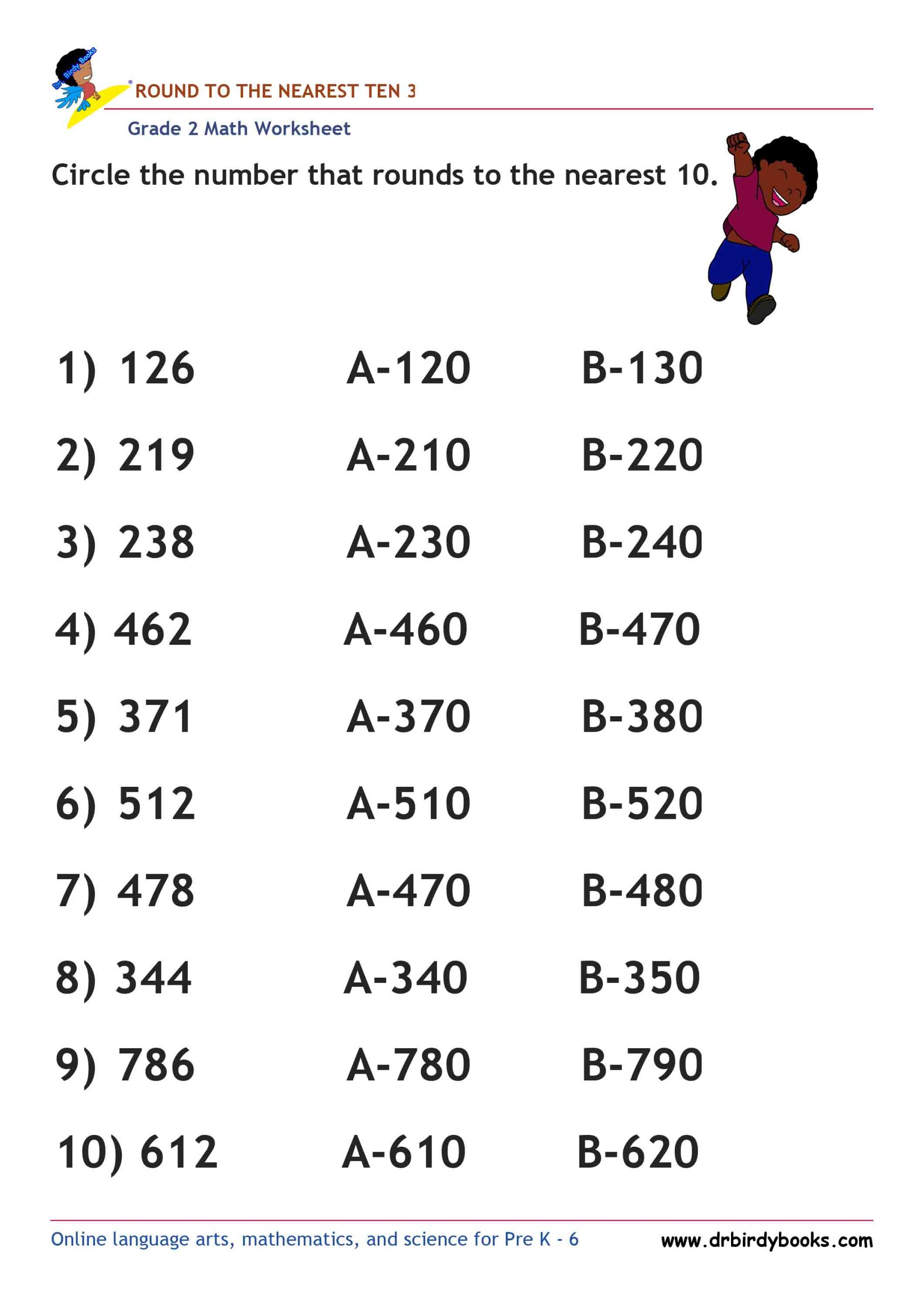Grade 2 Rounding to the Nearest 10 Worksheet featuring three-digit numbers for students to practice rounding.