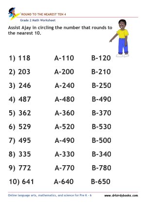 Grade 2 Rounding to the Nearest 10 Worksheet featuring three-digit numbers for students to practice rounding.
