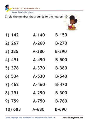 Grade 2 Rounding to the Nearest 10 Worksheet featuring three-digit numbers for students to practice rounding.