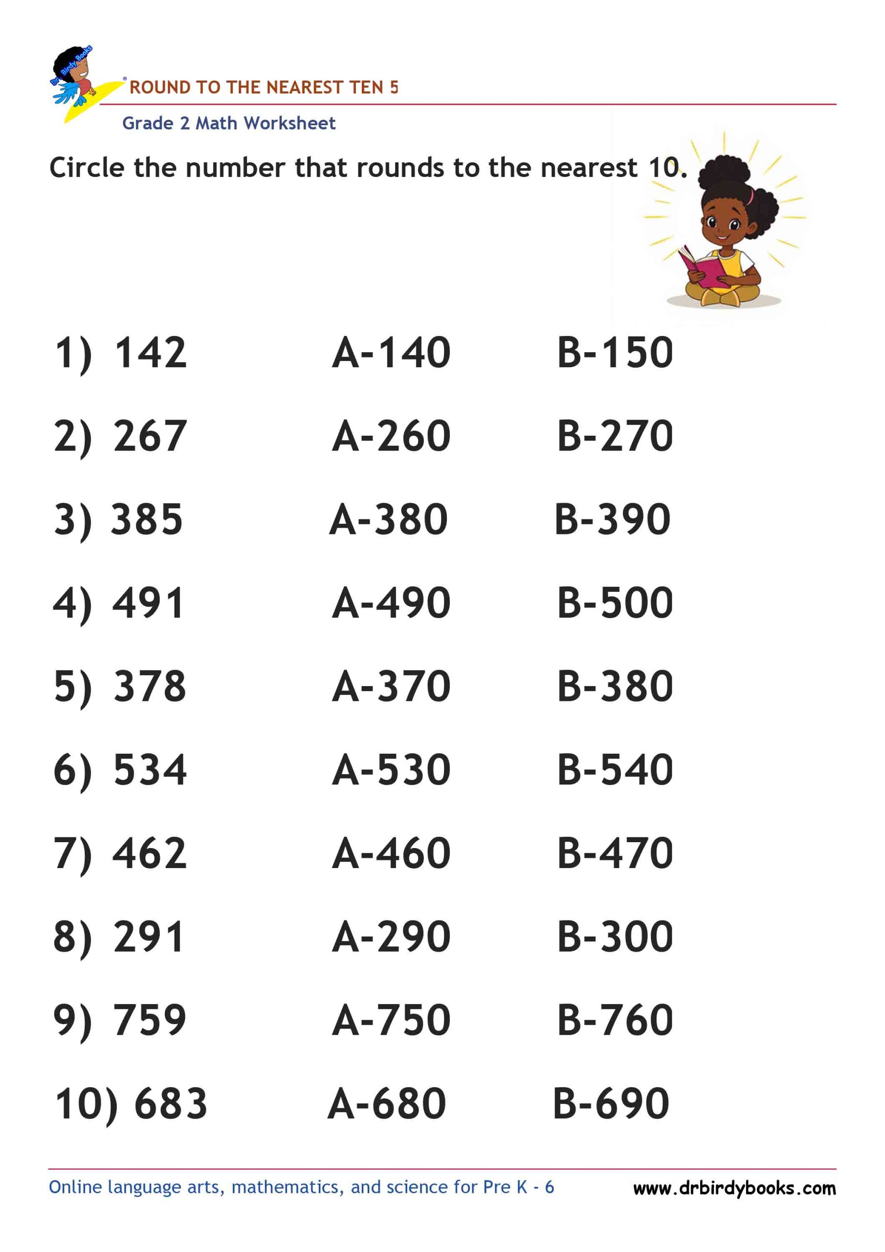 Grade 2 Rounding to the Nearest 10 Worksheet featuring three-digit numbers for students to practice rounding.