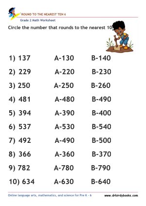 Grade 2 Rounding to the Nearest 10 Worksheet featuring three-digit numbers for students to practice rounding.