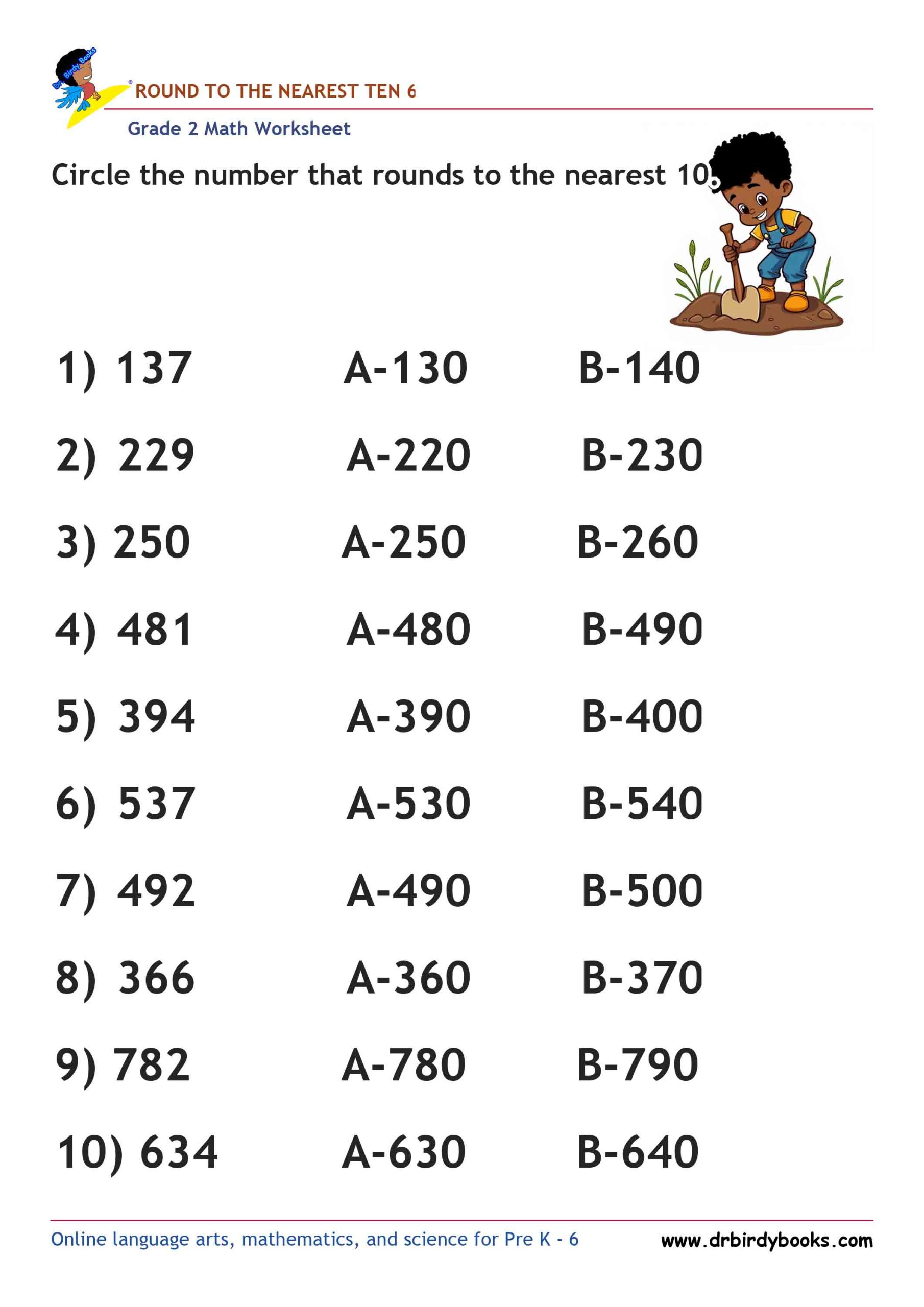 Grade 2 Rounding to the Nearest 10 Worksheet featuring three-digit numbers for students to practice rounding.