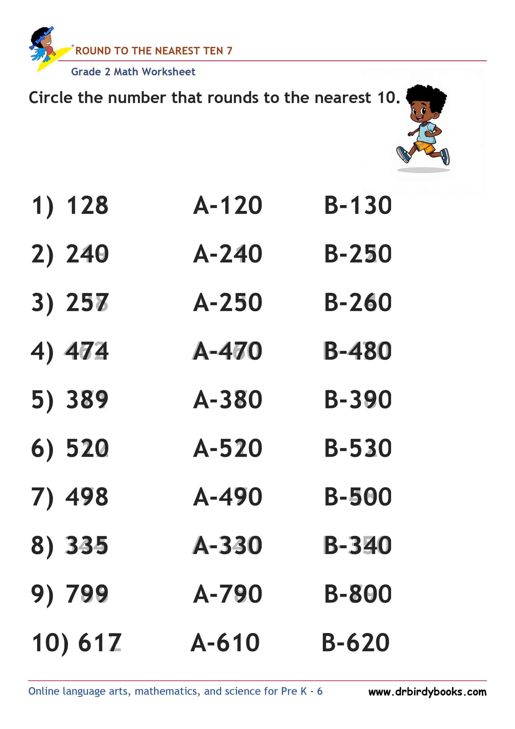Grade 2 Rounding to the Nearest 10 Worksheet featuring three-digit numbers for students to practice rounding.