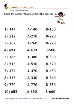 Grade 2 Rounding to the Nearest 10 Worksheet featuring three-digit numbers for students to practice rounding.