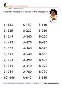 Grade 2 Rounding to the Nearest 10 Worksheet featuring three-digit numbers for students to practice rounding.