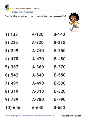 Grade 2 Rounding to the Nearest 10 Worksheet featuring three-digit numbers for students to practice rounding.