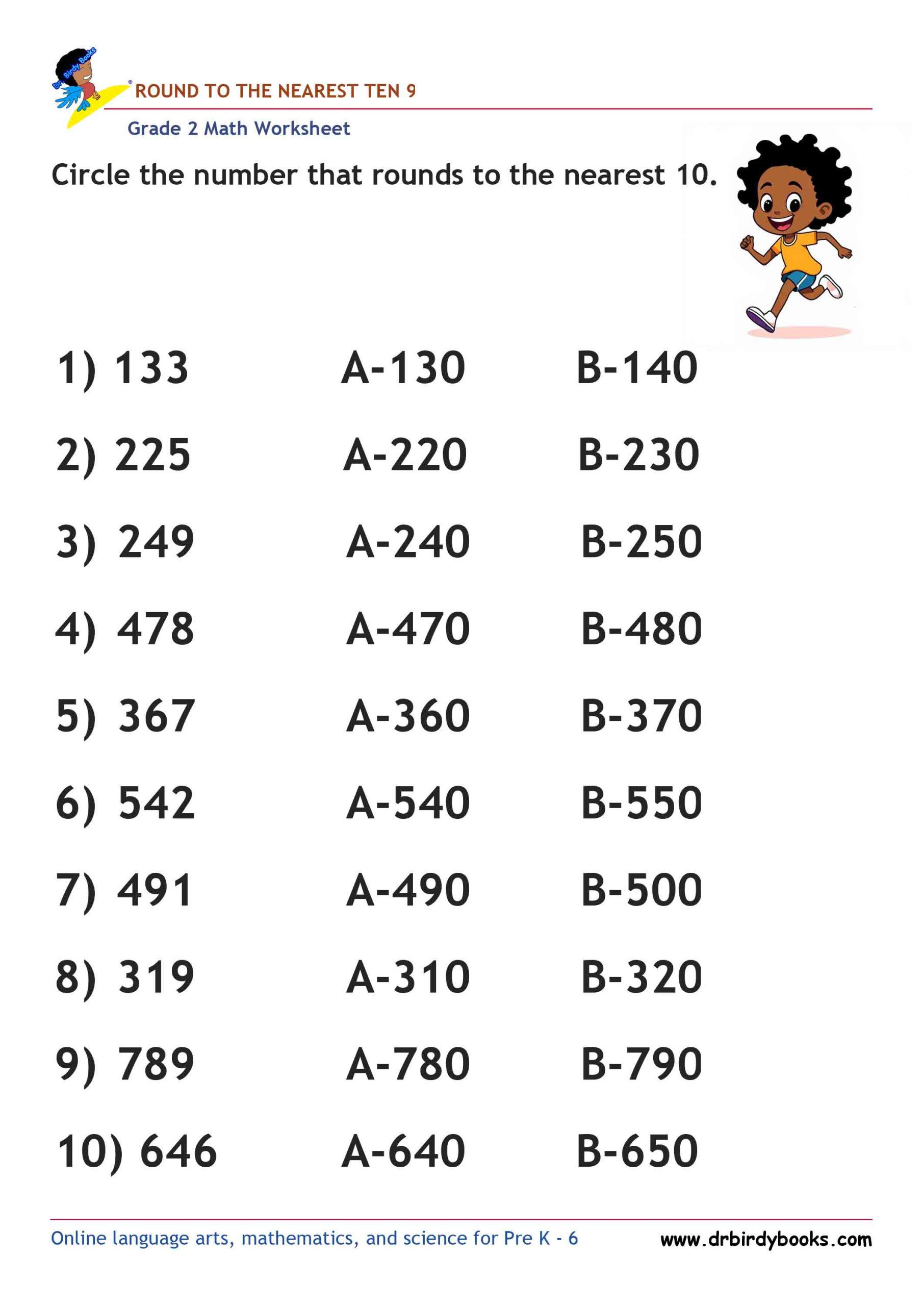 Grade 2 Rounding to the Nearest 10 Worksheet featuring three-digit numbers for students to practice rounding.