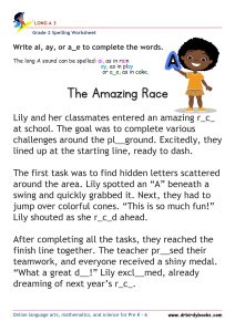 Grade 2 Long A Spelling Worksheet where students fill in missing letters in sentences.