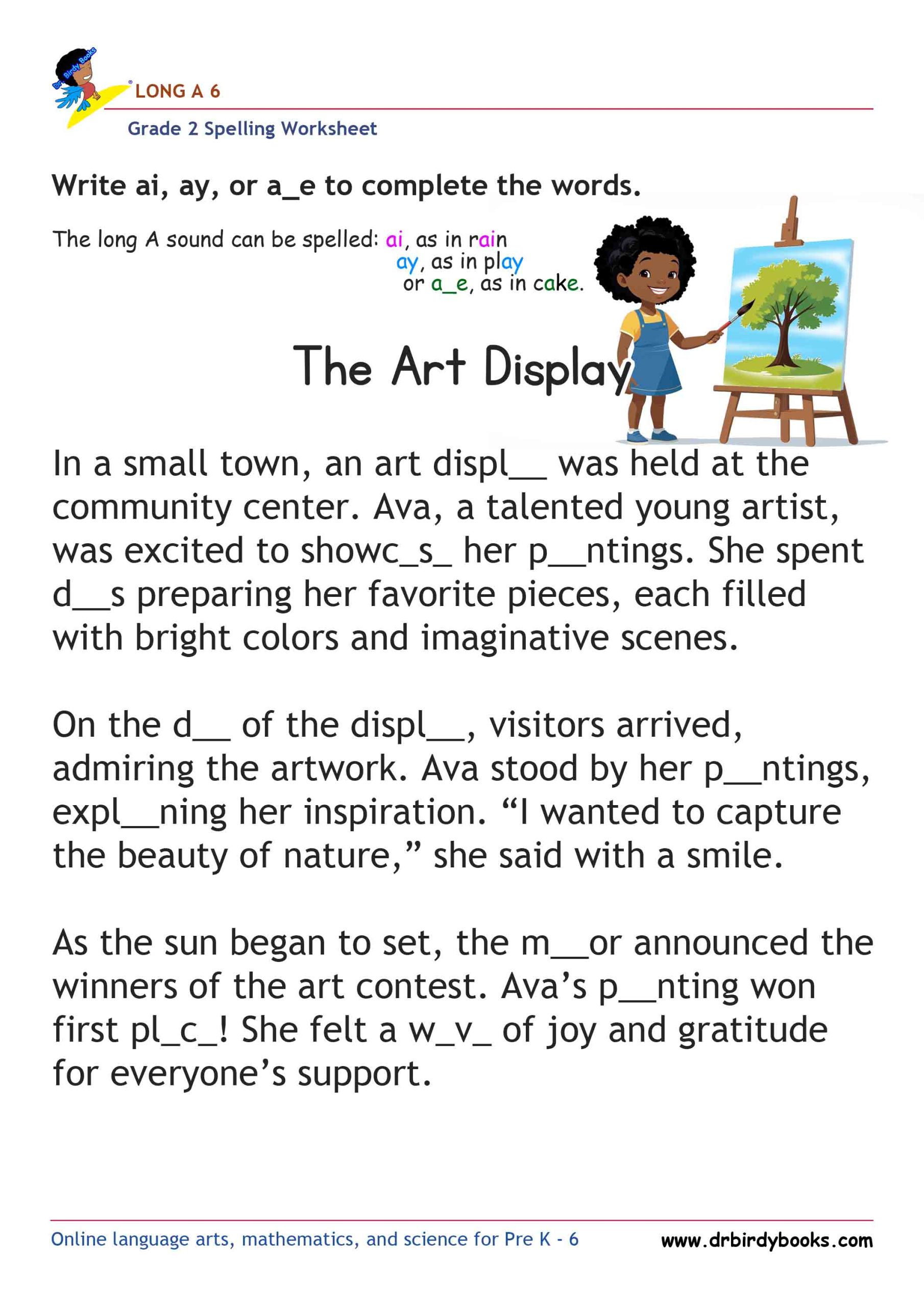 Grade 2 Long A Spelling Worksheet where students fill in missing letters in sentences.