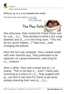 Grade 2 Long A Spelling Worksheet where students fill in missing letters in sentences.