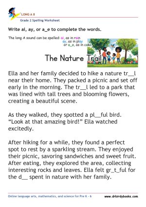 Grade 2 Long A Spelling Worksheet where students fill in missing letters in sentences.