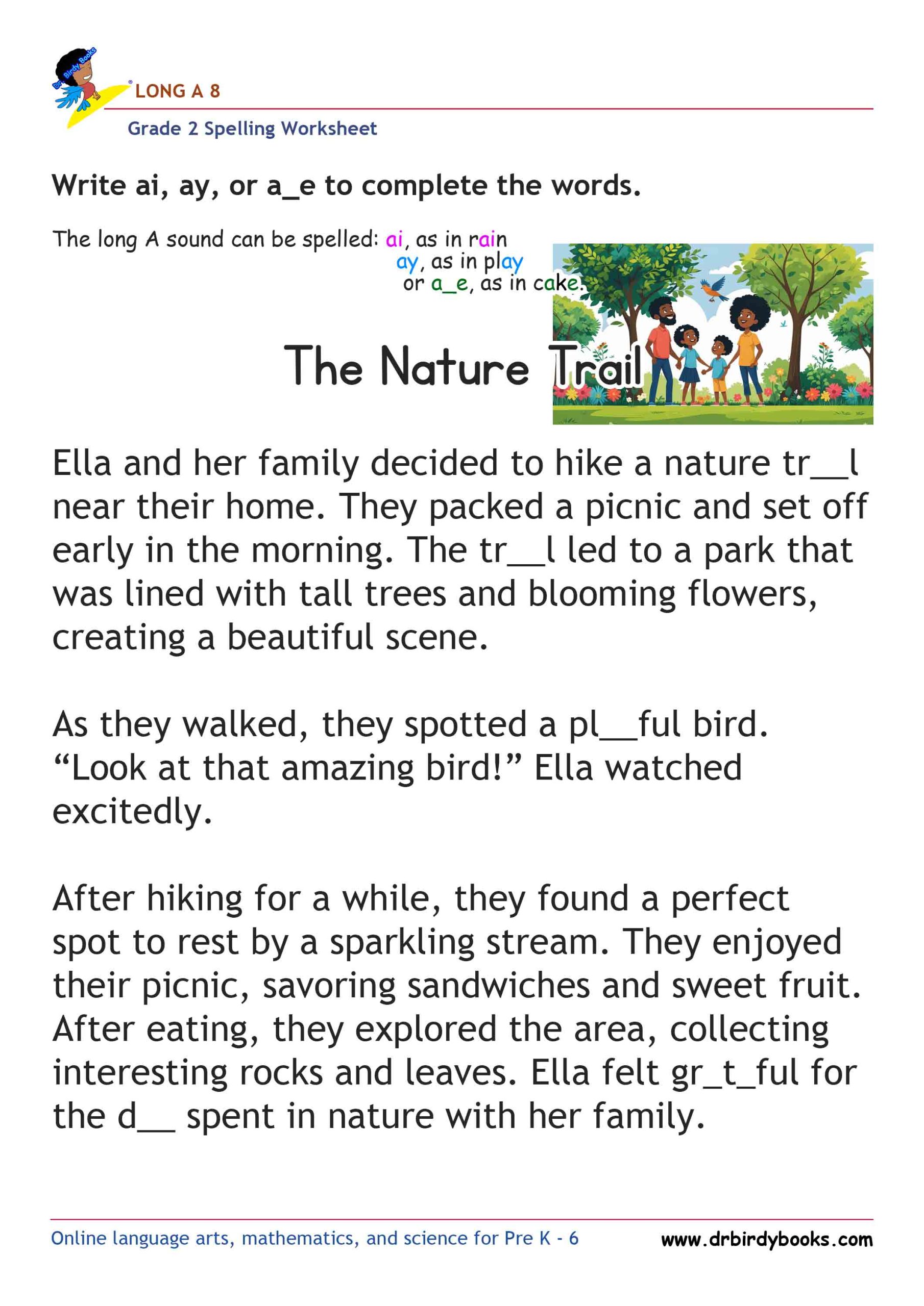 Grade 2 Long A Spelling Worksheet where students fill in missing letters in sentences.