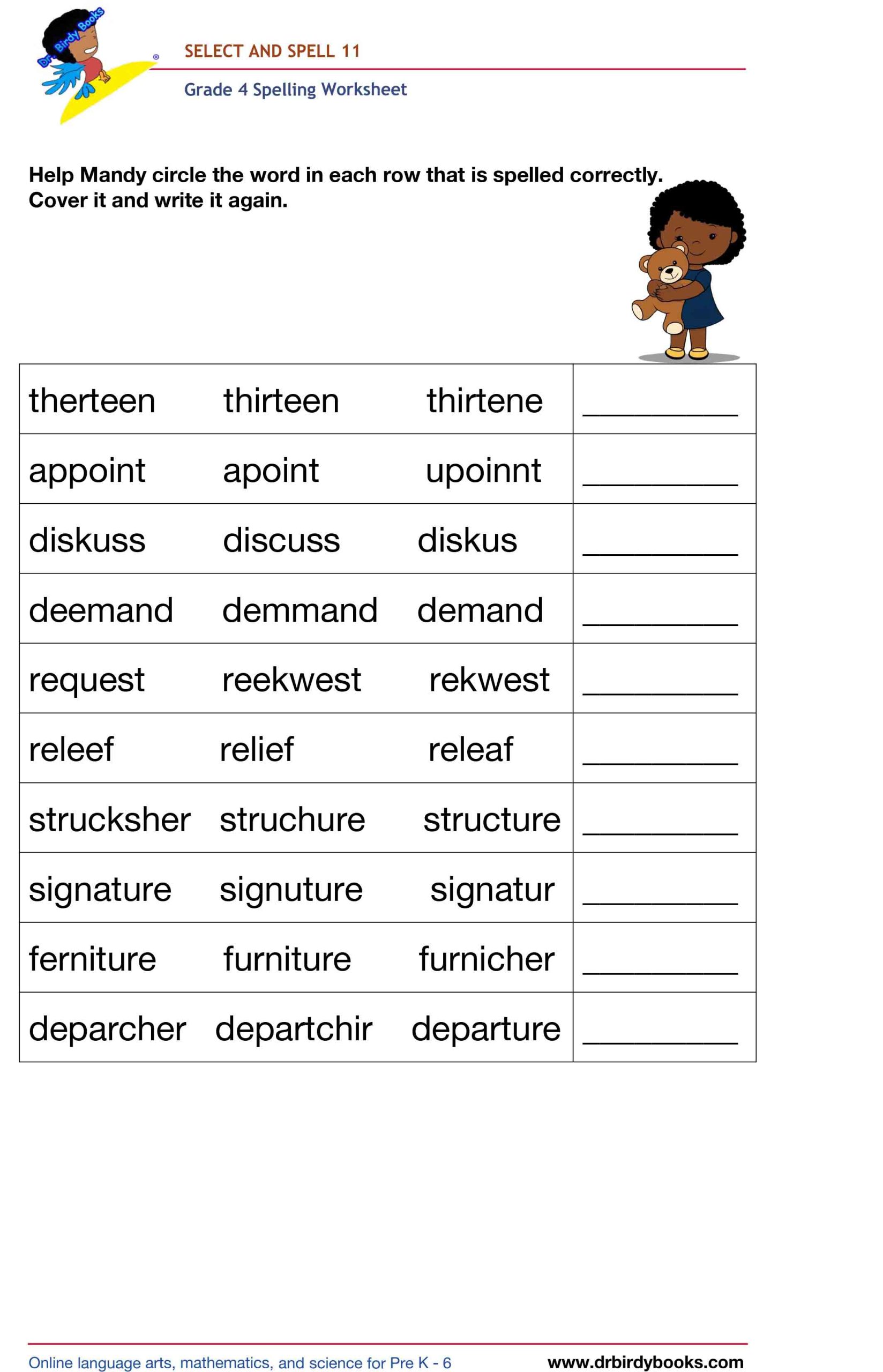 Grade 4 spelling worksheet featuring activities for selecting the correct spelling of words and writing them.