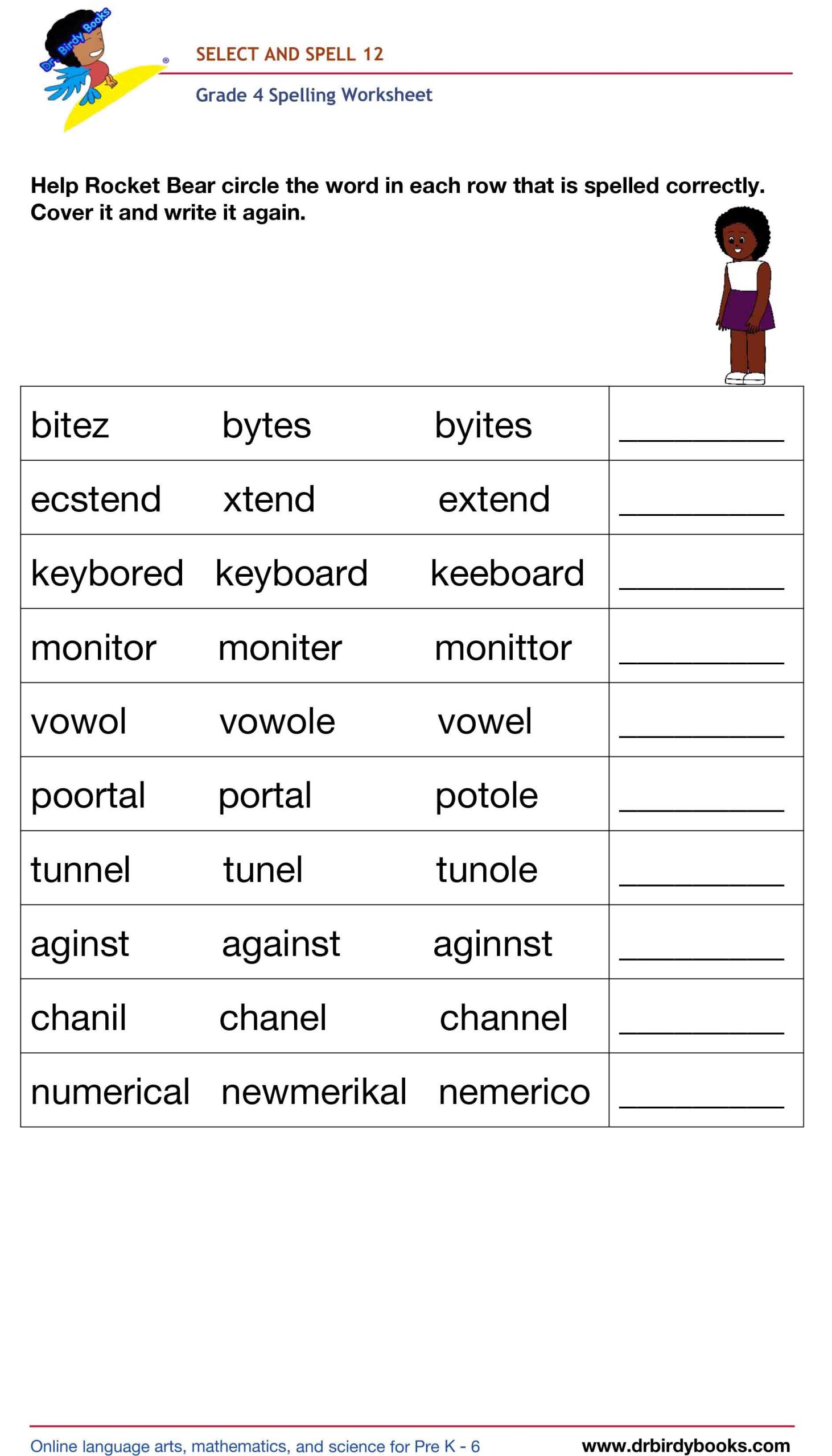 Grade 4 spelling worksheet featuring activities for selecting the correct spelling of words and writing them.