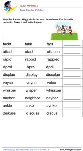 Grade 4 spelling worksheet featuring activities for selecting the correct spelling of words and writing them.