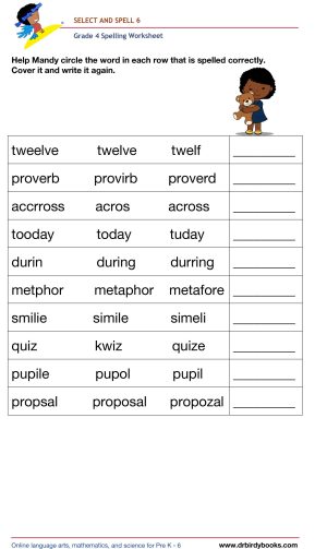 Grade 4 spelling worksheet featuring activities for selecting the correct spelling of words and writing them.