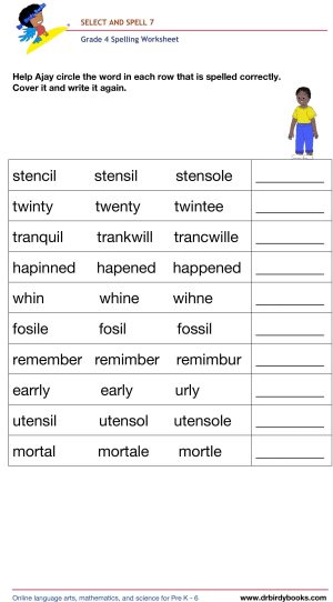 Grade 4 spelling worksheet featuring activities for selecting the correct spelling of words and writing them.