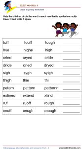 Grade 4 spelling worksheet featuring activities for selecting the correct spelling of words and writing them.