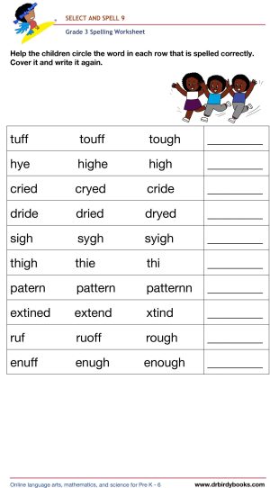 Grade 4 spelling worksheet featuring activities for selecting the correct spelling of words and writing them.
