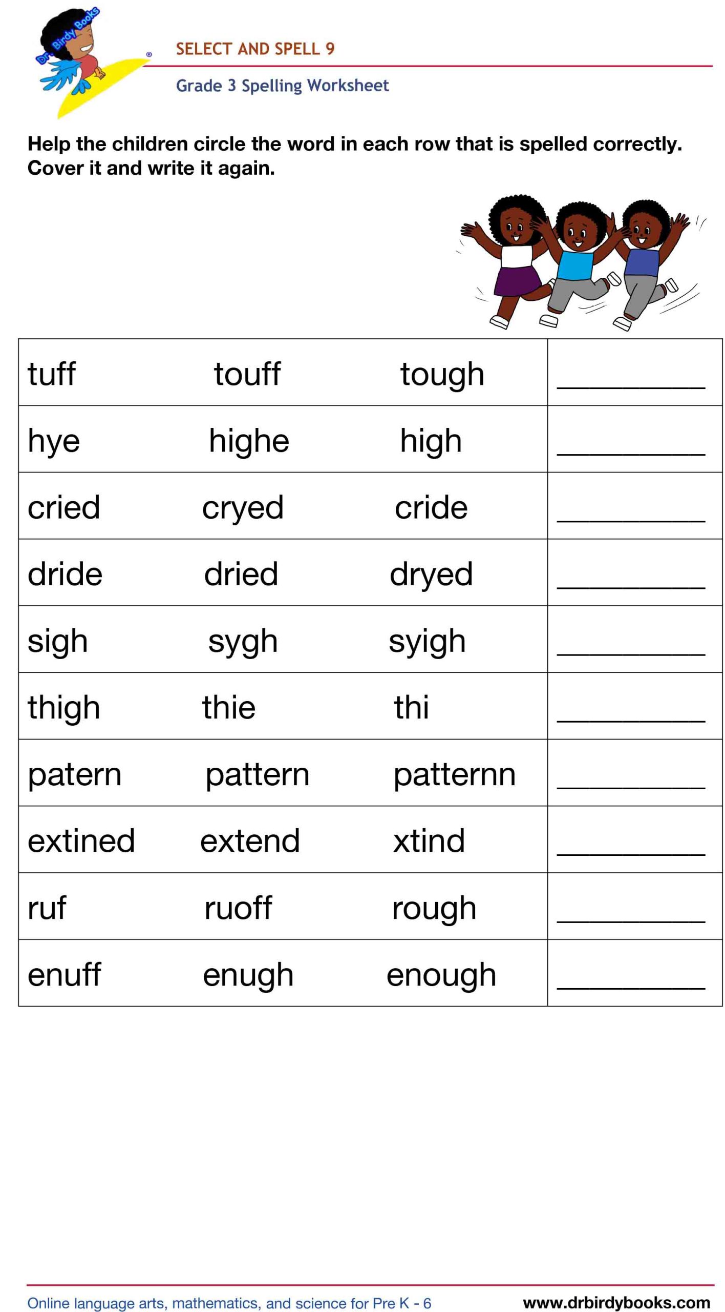Grade 4 spelling worksheet featuring activities for selecting the correct spelling of words and writing them.