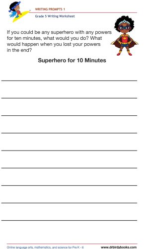 Grade 5 Writing Prompts Worksheet featuring unique scenarios for students to write about creatively.