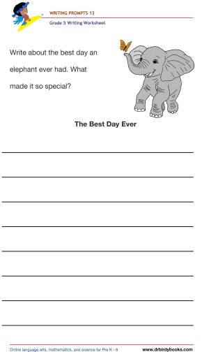 Grade 5 Writing Prompts Worksheet featuring unique scenarios for students to write about creatively.