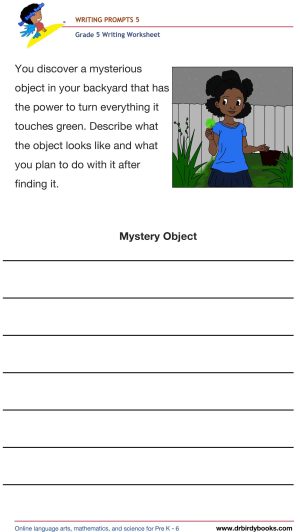 Grade 5 Writing Prompts Worksheet featuring unique scenarios for students to write about creatively.