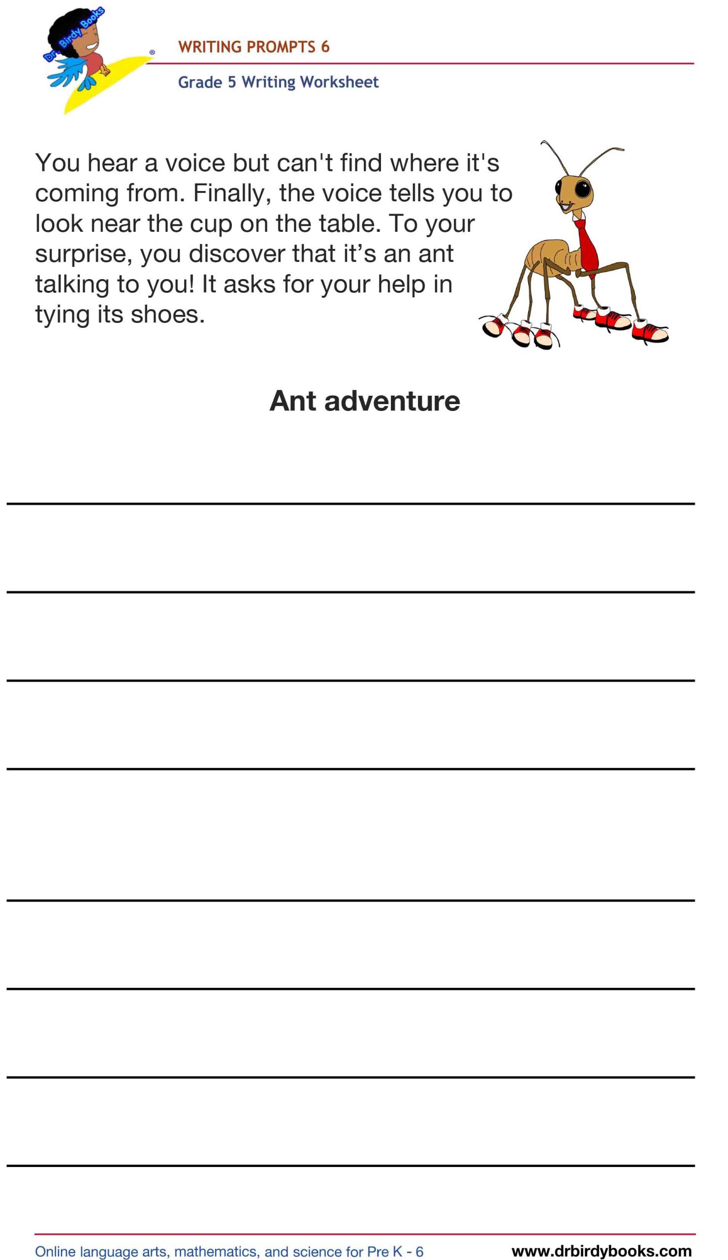 Grade 5 Writing Prompts Worksheet featuring unique scenarios for students to write about creatively.