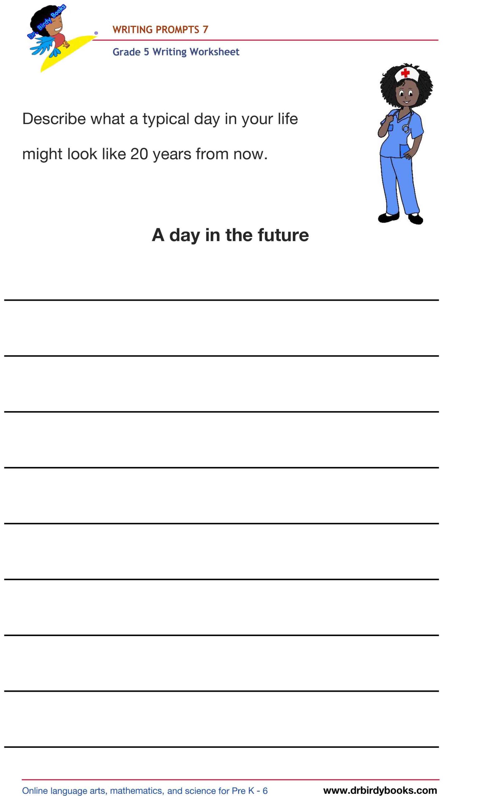 Grade 5 Writing Prompts Worksheet featuring unique scenarios for students to write about creatively.