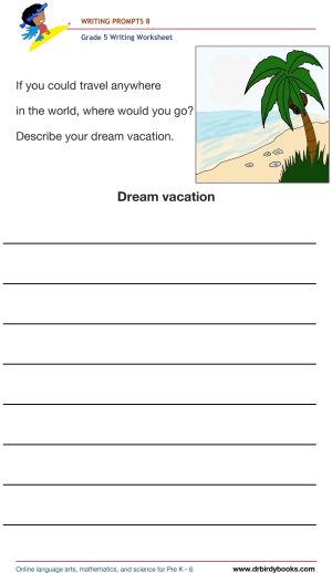Grade 5 Writing Prompts Worksheet featuring unique scenarios for students to write about creatively.